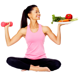 Woman holding plate of fruit and veg in one hand and a weight in the other hand