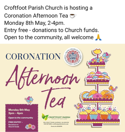 Croftfoot Parish Church Coronation afternoon tea poster 